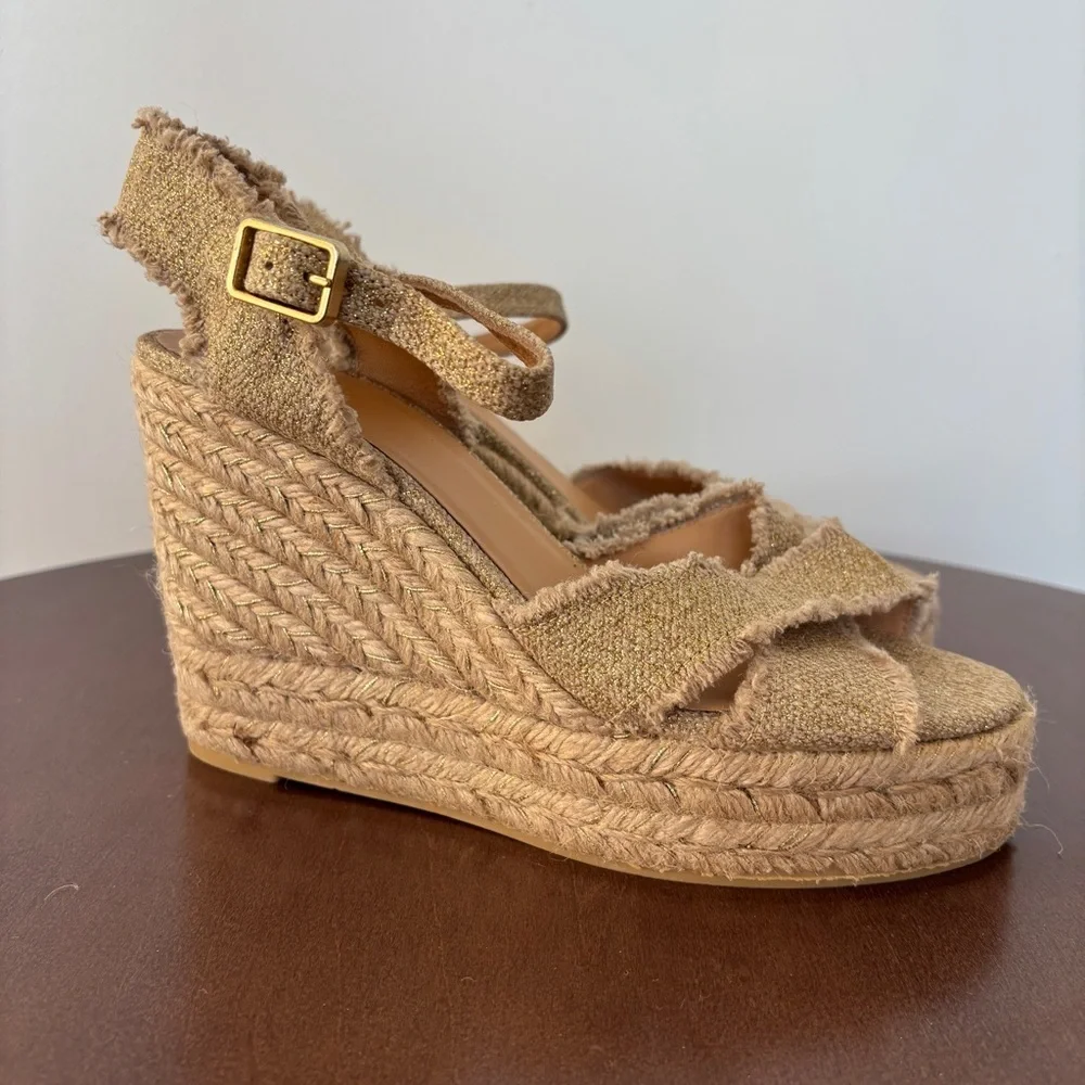 Castañer Bromelia Frayed Metallic Canvas Wedge Espadrilles, Size 39/ US 8